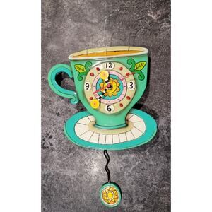 Allen Designs Whimsical Wall Clock Sunny Cup Coffee w/ Pendulum EUC Tested Works